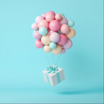 Pastel balloons carrying a gift box 3D render
