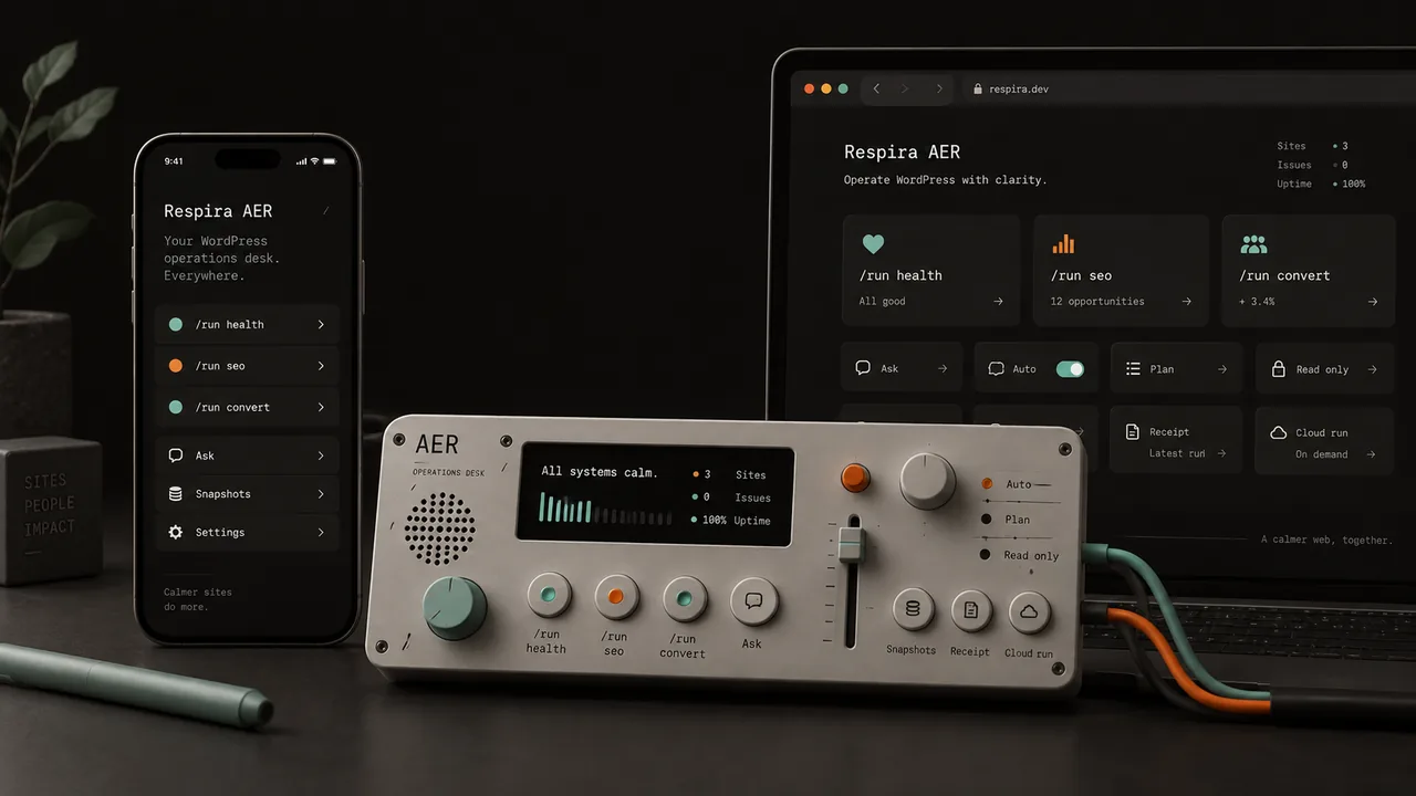 A tactile hardware-style interpretation of Respira AER beside a phone and laptop interface.