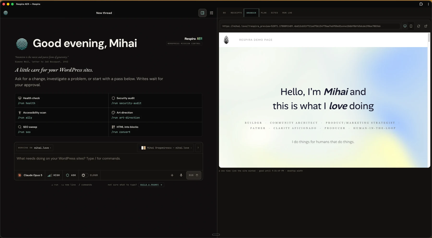 Respira AER in dark mode with the WordPress work area on the left and the browser preview on the right.