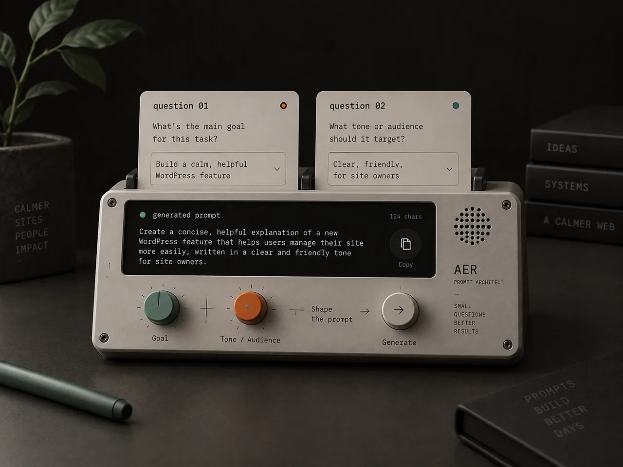 A tactile hardware-style interpretation of the two-question prompt architect.